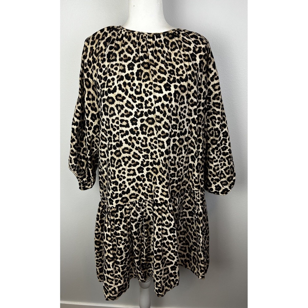 H&M Leopard Shift Dress Medium 3/4 Sleeve Ruffle Layer‎ Fun Animal Pattern Tunic